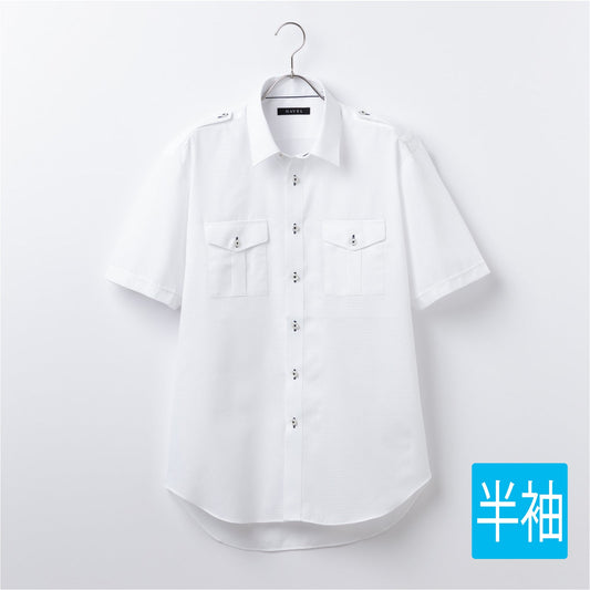 【半袖】パイロットシャツ<br>形態安定<br>幾何学柄白ドビー