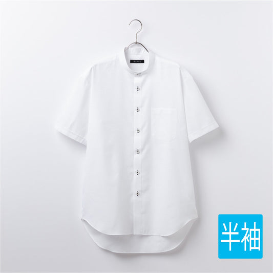 【半袖】形態安定シャツ<br>スタンドカラー<br>幾何学柄白ドビー