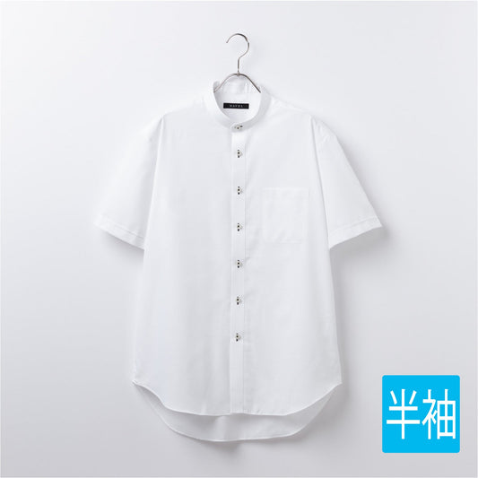 【半袖】形態安定シャツ<br>スタンドカラー<br>チェック白ドビー