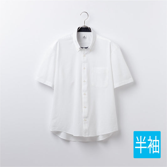 【半袖】白サッカーニット<br>形態安定 裾出し兼用丈<br>Tシャツのような着心地