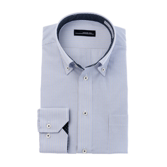 爽やかなブルーシリーズ<br> 形態安定加工 ボタンダウン<br>柔らかなブルーストライプ