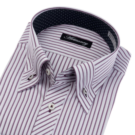 襟と前立の切替が差をつける<br>映えるパープルストライプ<br>形態安定 長袖