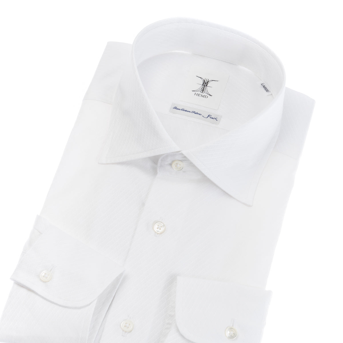 日本製 Premium<br>綿100％白 控えめで上品な織柄<br>超長綿・ドビー織・長袖