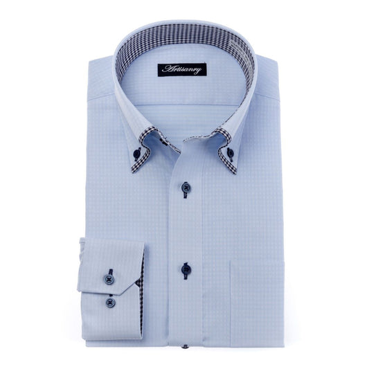 ギンガムチェックの切替が華やか<br>爽やかなサックスドビー<br>形態安定 長袖