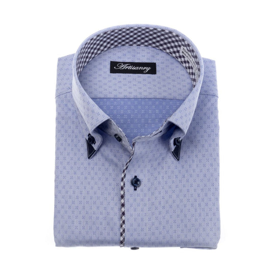 前立端のギンガムチェックがキャッチー<br>爽やかなサックスドビー<br>形態安定 長袖