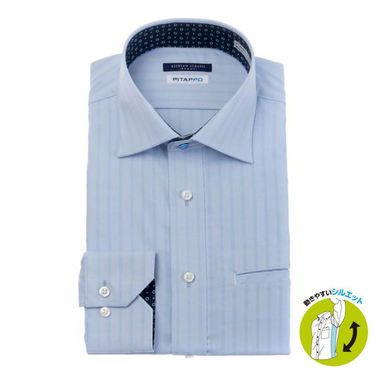 大容量胸ポケ-ピタッポ-<br>+ 脇マチつきでスリム見え!<br>爽やかなサックスドビー