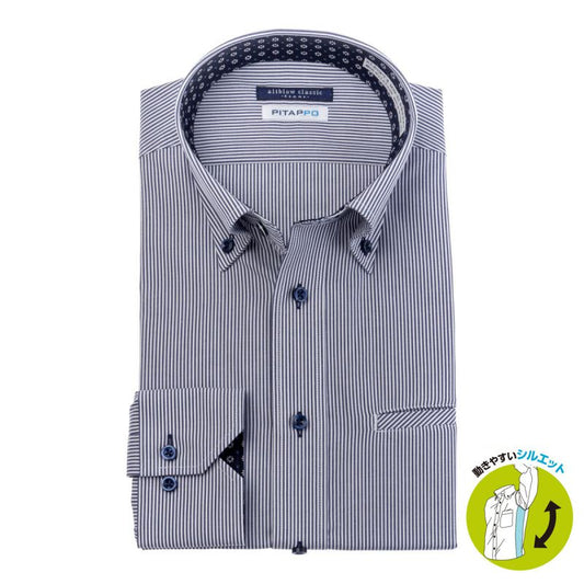 大容量胸ポケ-ピタッポ-<br>+ 脇マチつきでスリム見え!<br>スマートなネイビーストライプ