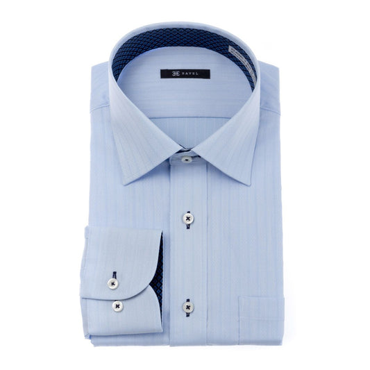 らくらく着心地 STRETCH<br>上品なストライプ水色ドビー<br>形態安定 長袖